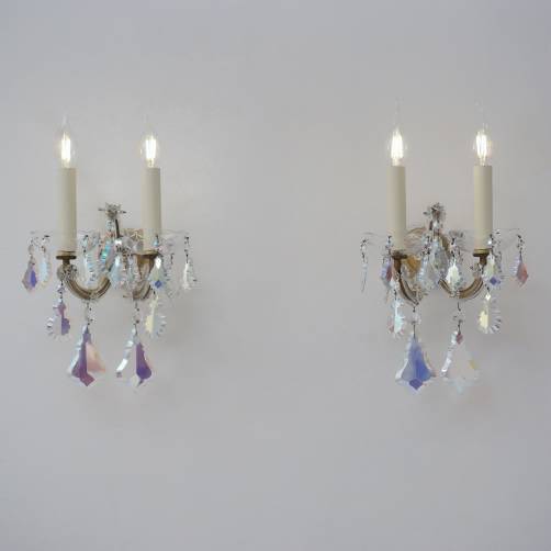 Pair Murano Glass antique wall lights sconces, iridescent crystal Barovier & Toso, 1920`s ca, Italian
